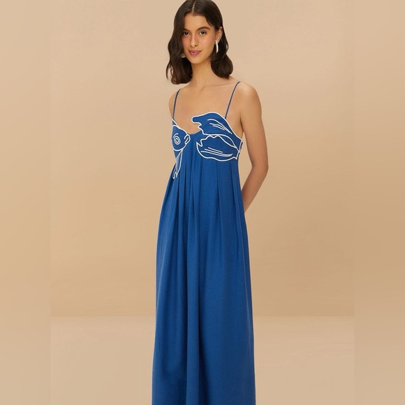 Farm Rio Blue Fish Top Lenzing™ Ecovero™ Euroflax™ Maxi Dress XL - Picture 2 of 5